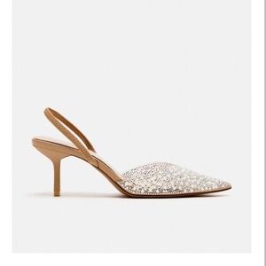 Zara Women's Pearl Embellished Slingback Heels - Cream and Tan